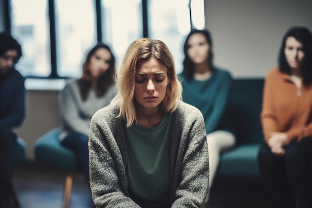 a woman sits in a chair while other group members in her night treatment in massachusetts sit behind her